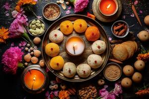 indiano festivo Diwali sfondo con dolci. gulab jamon, carota Halva, spuntini con candele, fiori. assortito indiano dolci. festivo tavolo. Visualizza a partire dal sopra. ai generativo foto