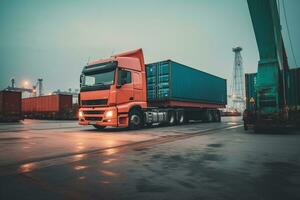 il camion sta nel il industriale porta contro il sfondo di contenitori durante scarico. concetto di la logistica e consegna servizio. ai generativo foto