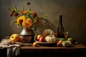 autunno ancora vita con zucche e un' vaso di fiori, accogliente atmosfera. ai generativo foto