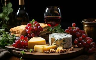 vino, formaggi e uva nel un' Vintage ▾ impostare. creato con generativo ai foto