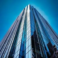 parte inferiore Visualizza di moderno grattacieli nel attività commerciale quartiere contro blu cielo ai generativo foto