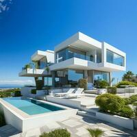 lusso Casa con nuoto piscina e blu cielo vero tenuta concetto ai generativo foto