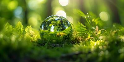ambiente concetto. globo bicchiere nel verde foresta con luce del sole. foto