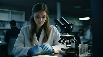 un' donna nel un' laboratorio cappotto è guardare a qualcosa ai generativo foto