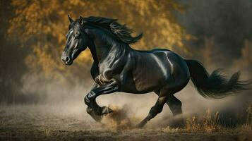 il galante nero cavallo è in esecuzione ai generativo foto
