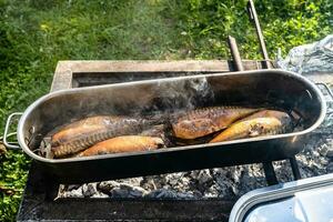 appena affumicato pesce nel fumo pentola su caldo griglia foto