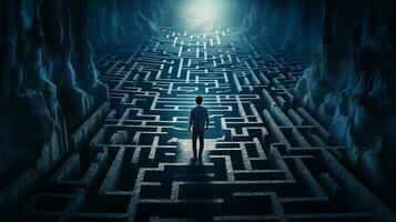 silhouette di un' uomo nel un' labirinto o labirinto. scoperta un' soluzione e autovalutazione. ai generativo foto