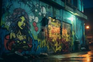 graffiti su il lato di un' edificio a notte generativo ai foto