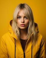 ritratto di bellissimo bionda donna nel giallo giacca su giallo sfondo generativo ai foto