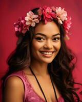 ritratto di un' bellissimo giovane donna indossare un' fiore corona su un' rosso sfondo generativo ai foto