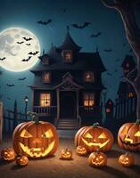 frequentato Casa su buio Halloween notte con zucca lanterne foto