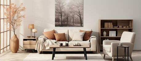accogliente vivente camera con manifesto telaio caffè tavolo divano poltrona cremagliera magnolia vaso plaid e personale Accessori casa arredamento foto