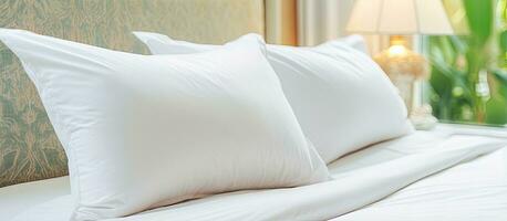 Hotel Camera da letto con un' bianca cuscino su il letto la creazione di un' confortevole interno decorazione foto