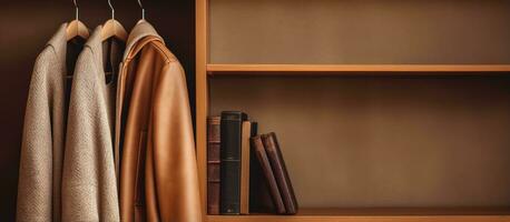 un' sfocato sfondo con un' Marrone cappotto e libri sospeso è parte di un' semplice armadio foto