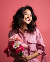 contento asiatico donna con fiori su rosa sfondo generativo ai foto
