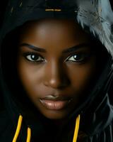 un africano americano donna nel un' nero felpa con cappuccio generativo ai foto