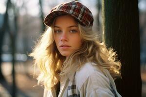 un' bellissimo bionda donna indossare un' plaid cappello generativo ai foto