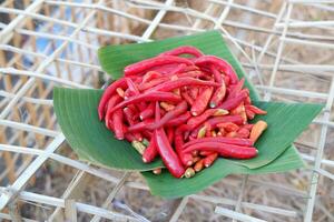 rosso caldo chili su Banana foglia per vendita nel mercato, Tailandia. foto