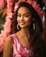 bellissimo giovane donna con rosa fiori nel sua capelli generativo ai foto