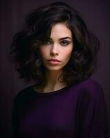 bellissimo giovane donna con buio capelli e viola camicia generativo ai foto