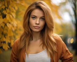 bellissimo giovane donna con lungo rosso capelli in posa nel davanti di autunno alberi generativo ai foto