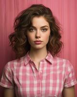 bellissimo giovane donna nel rosa scacchi camicia su rosa sfondo generativo ai foto