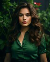 bellissimo giovane donna nel verde camicia e nero cintura generativo ai foto