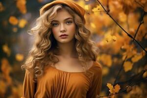 bellissimo bionda donna nel arancia vestito e cappello nel autunno foresta generativo ai foto