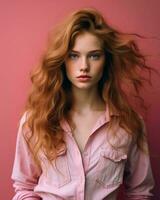 bellissimo testa Rossa donna con lungo capelli su rosa sfondo generativo ai foto