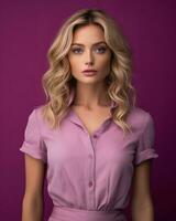 bellissimo bionda donna nel rosa camicia in posa contro viola sfondo generativo ai foto