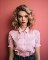 bellissimo bionda donna nel rosa camicia e jeans in posa contro un' rosa sfondo generativo ai foto