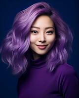 bellissimo asiatico donna con viola capelli generativo ai foto