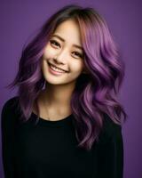 bellissimo asiatico donna con viola capelli su un' viola sfondo generativo ai foto
