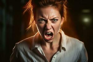 arrabbiato donna con rosso capelli urlando nel il buio generativo ai foto