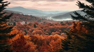 autunno paesaggio con alberi e montagne nel il sfondo generativo ai foto