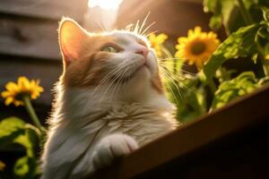 un arancia e bianca gatto guardare su a il sole generativo ai foto