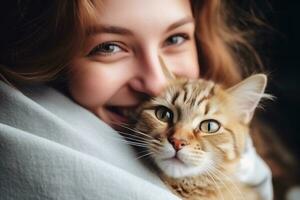 ritratto di persone abbracciare gatto animale domestico concetto foto