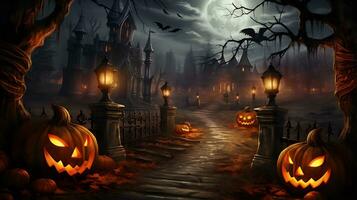 spaventoso Halloween sfondo con zucca e vecchio Casa foto