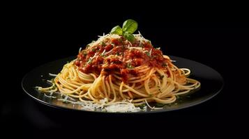 appetitoso spaghetti italiano cibo composto con rosso salsa, sormontato con ketchup e formaggio foto