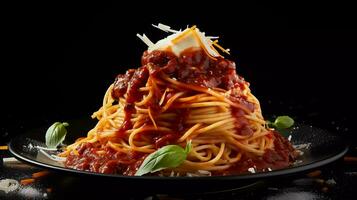 appetitoso spaghetti italiano cibo composto con rosso salsa, sormontato con ketchup e formaggio foto