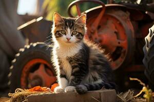 carino gattino nel poco azienda agricola. gattino con divertente Guarda foto