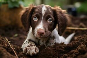 vicino su sporco cucciolo giocando nel il giardino. cucciolo con divertente Guarda. foto