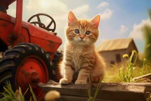 carino gattino nel poco azienda agricola. gattino con divertente Guarda foto