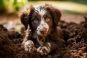 vicino su sporco cucciolo giocando nel il giardino. cucciolo con divertente Guarda. foto