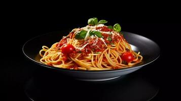 appetitoso spaghetti italiano cibo composto con rosso salsa, sormontato con ketchup e formaggio foto