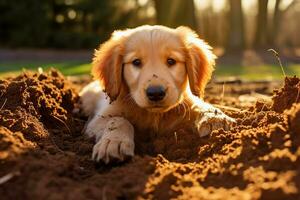 vicino su sporco cucciolo giocando nel il giardino. cucciolo con divertente Guarda. foto