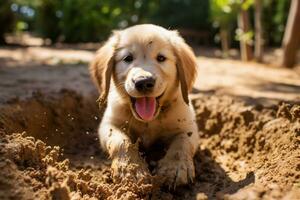 vicino su sporco cucciolo giocando nel il giardino. cucciolo con divertente Guarda. foto