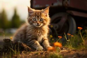 carino gattino nel poco azienda agricola. gattino con divertente Guarda foto