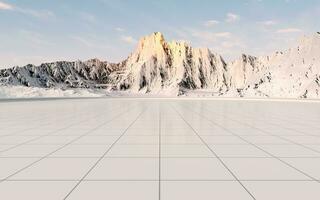 nevoso montagne con vuoto pavimento sfondo, 3d resa. foto