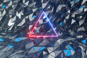 neon linea telaio con triangolo metallo sfondo, 3d resa. foto